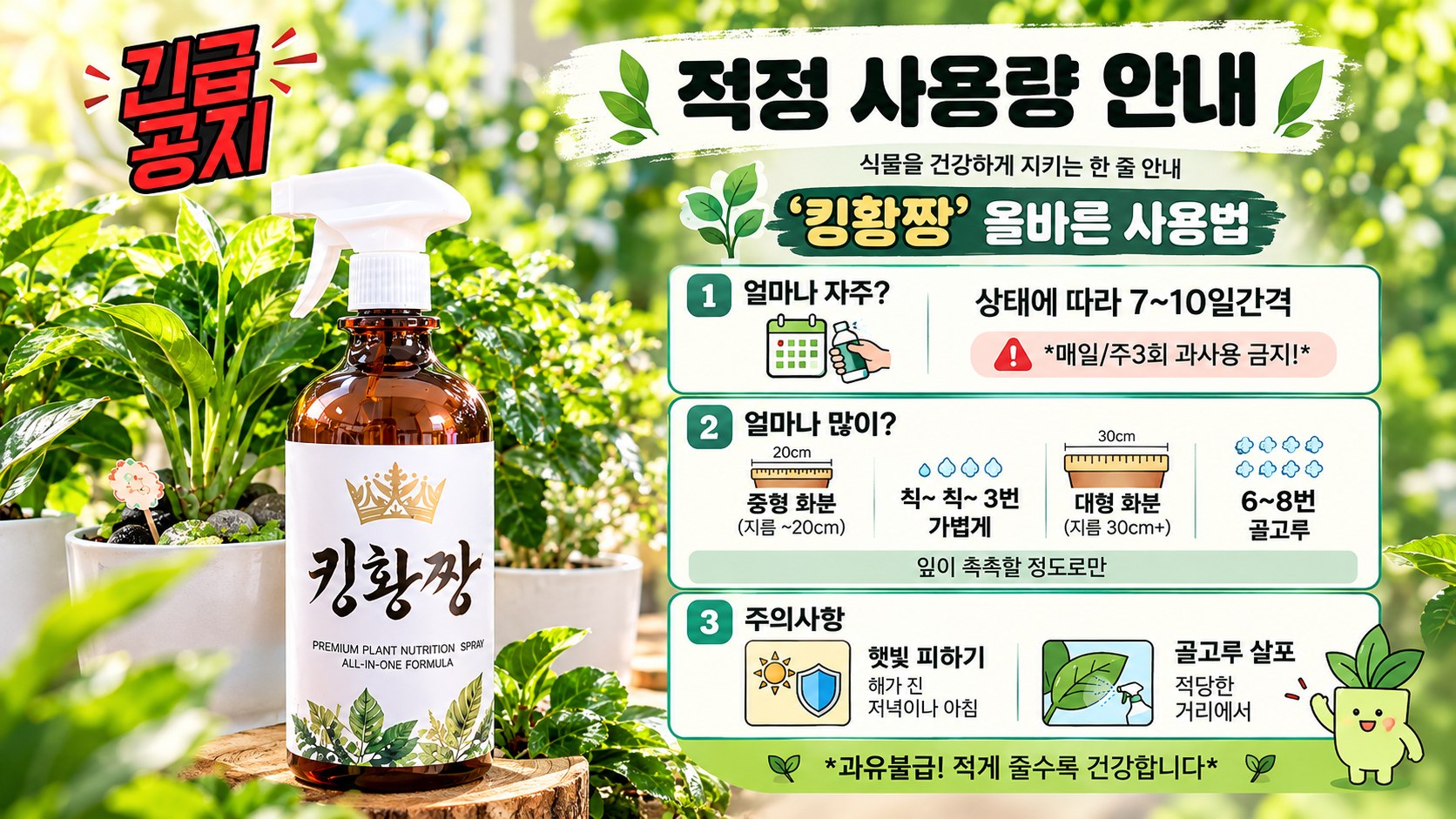 킹황짱 올바른 사용법: 7~10일 간격, 중형 화분 3번, 대형 화분 6~8번, 아침·저녁 사용